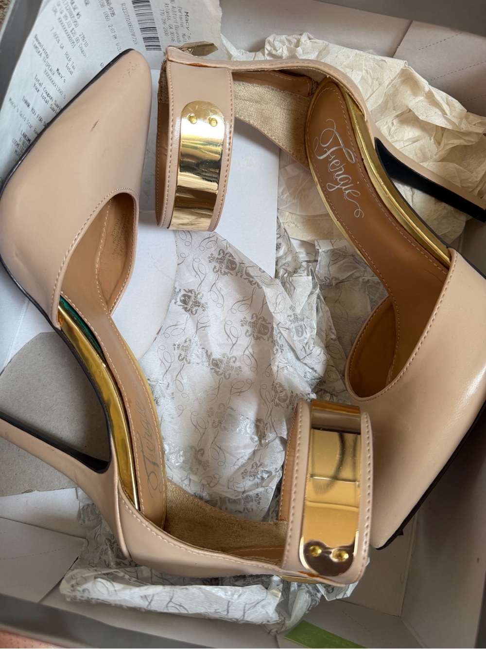 Fergalicious Blush Patent D'Orsay Heels with Gold Accent